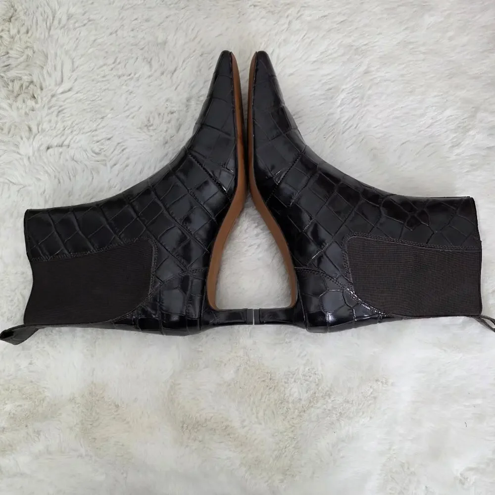 Madewell Dimes Coffee Bean Brown Croc Leather Chelsea Boot Kitten Heel Boots 8